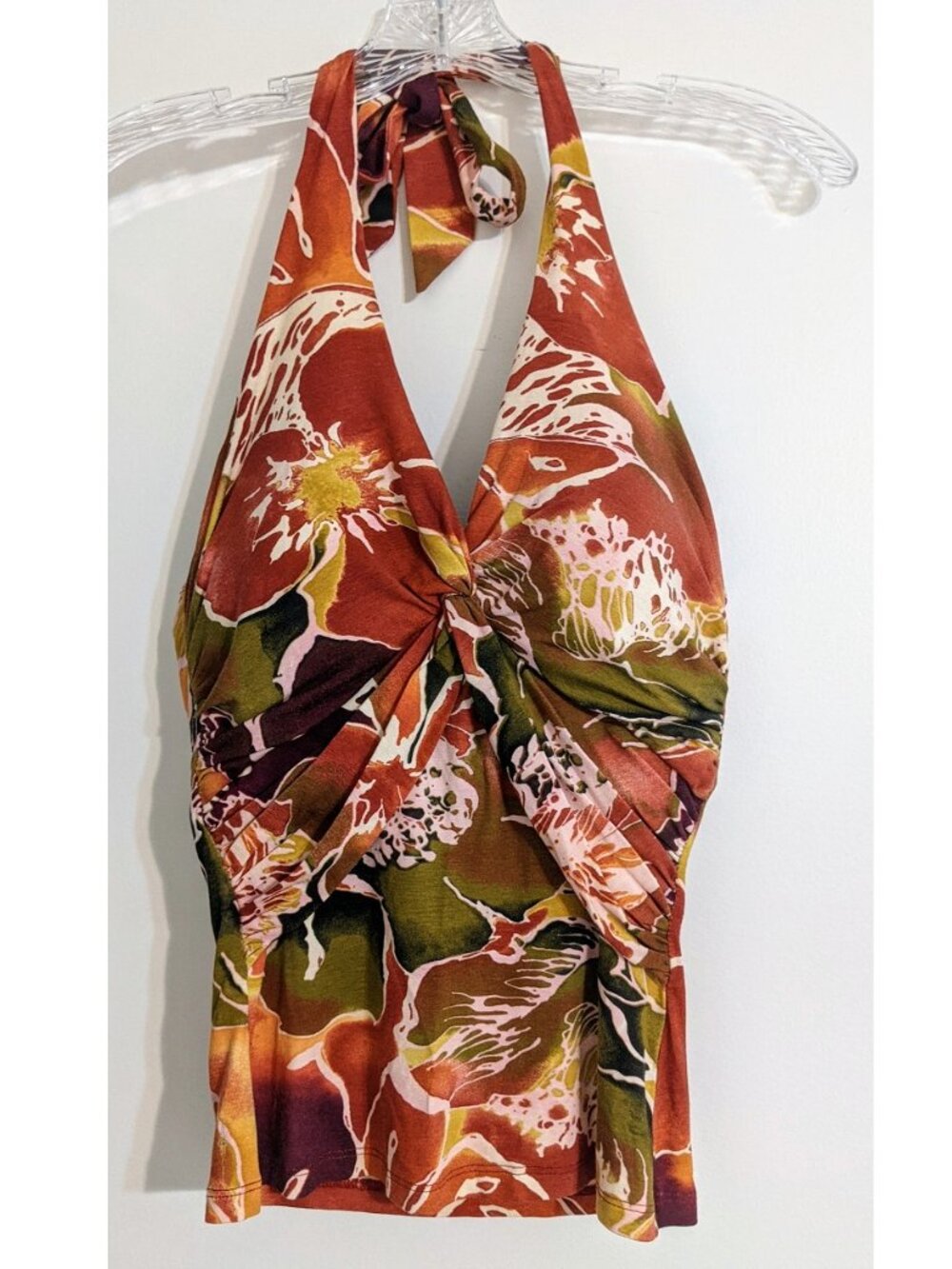 Vintage Cache Halter Top Y2K Tropical Floral Twist Front S